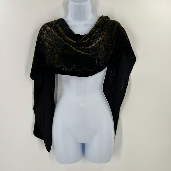 Black Green Velvet Burnout Shawl Devore Beaded Scarf Goth Boho Evening Wrap - Picture 6 of 8